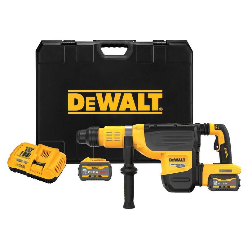 Martillo rotativo SDS MAX inalámbrico sin escobillas DEWALT 60V FLEXVOLT de 2 pulgadas, kit con (2) baterías de 9.0Ah, cargador y estuche - DCH775X2