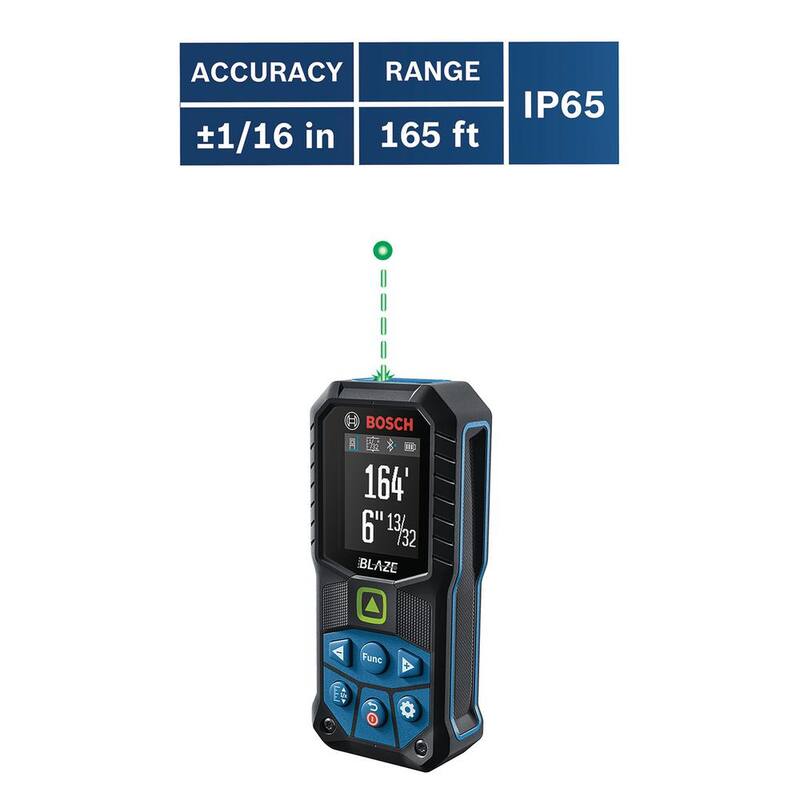 Bosch BLAZE 165 ft. Medidor de distancia láser verde con cinta métrica de doble potencia, Bluetooth y redondeo de medidas - GLM165-27CG
