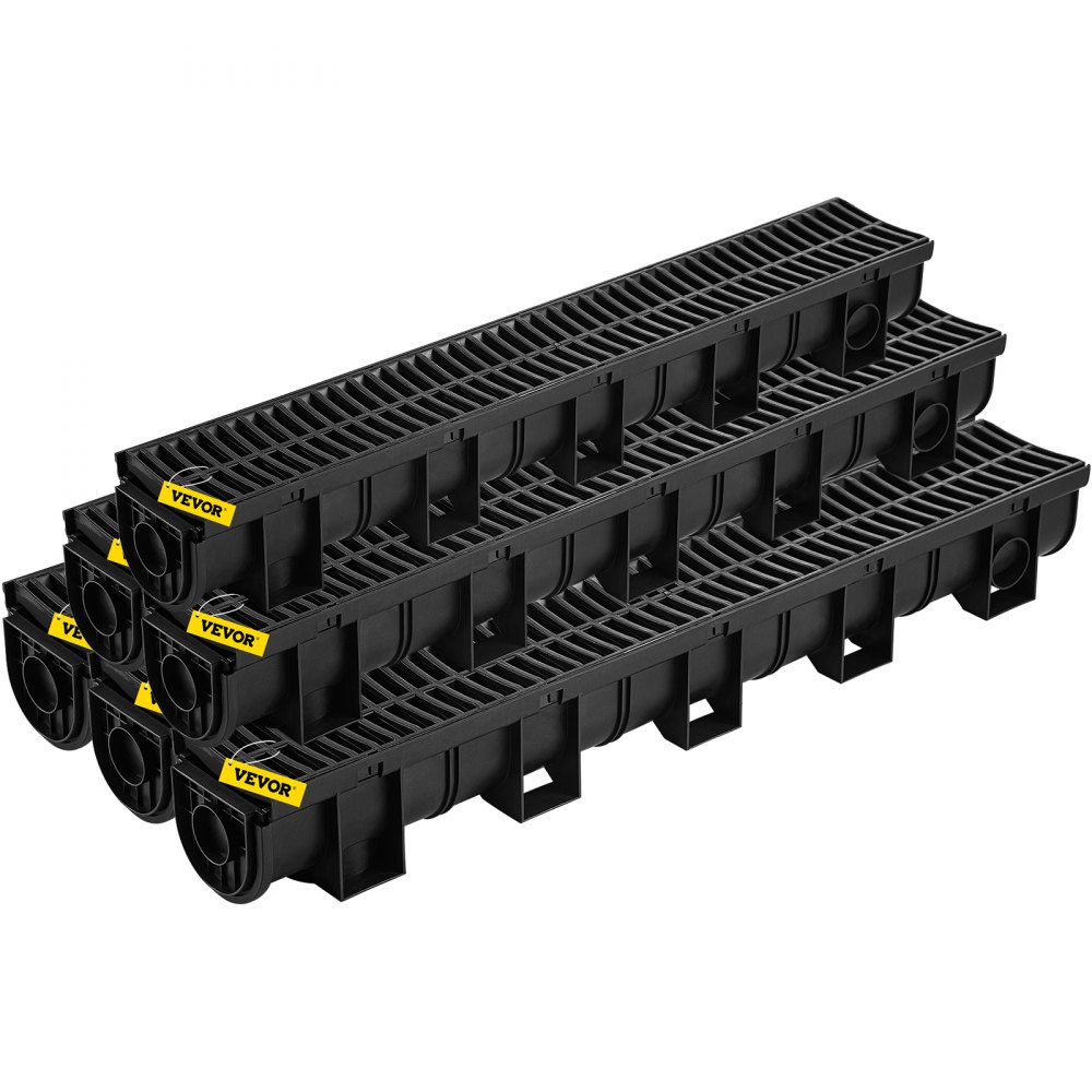 VEVOR Trench Drain System, Channel Drain with Plastic Grate, 5.9x5.1-Inch HDPE Drainage Trench, Black Plastic Garage Floor Drain, 6x39 Trench Drain Grate, with 6 End Caps, for Garden, Driveway-6 Pack - PSLGM10010062P7QMV0
