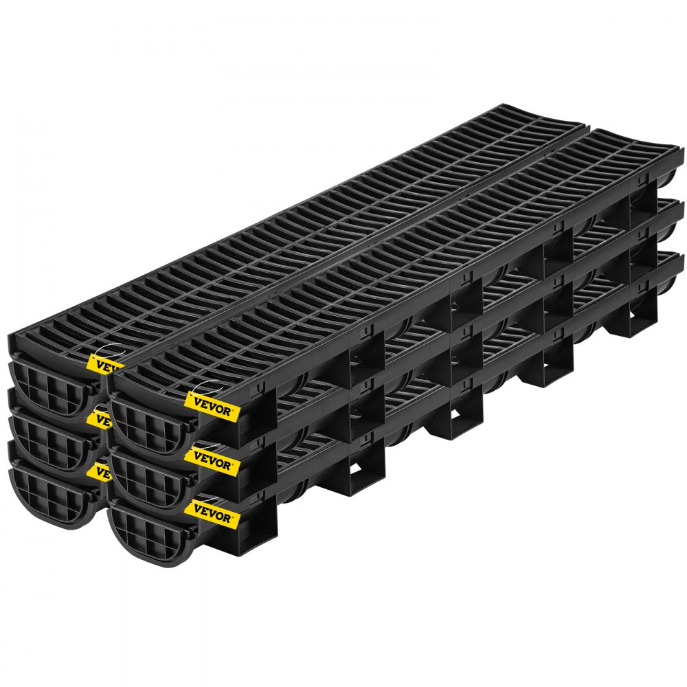 VEVOR Trench Drain System, Channel Drain with Plastic Grate, 5.8x3.1-Inch HDPE Drainage Trench, Black Plastic Garage Floor Drain, 6x39 Trench Drain Grate, with 6 End Caps, for Garden, Driveway-6 Pack - PSLGM100456SVQGGJV0