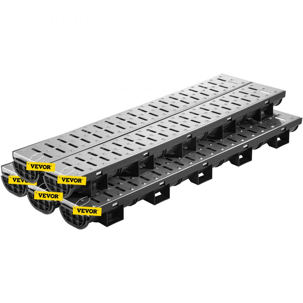 VEVOR Trench Drain System, Channel Drain with Metal Grate, 5.7x3.1-Inch HDPE Drainage Trench, Black Plastic Garage Floor Drain, 5x39 Trench Drain Grate, with 5 End Caps, for Garden, Driveway-5 Pack - PSXGBM100455426SZV0