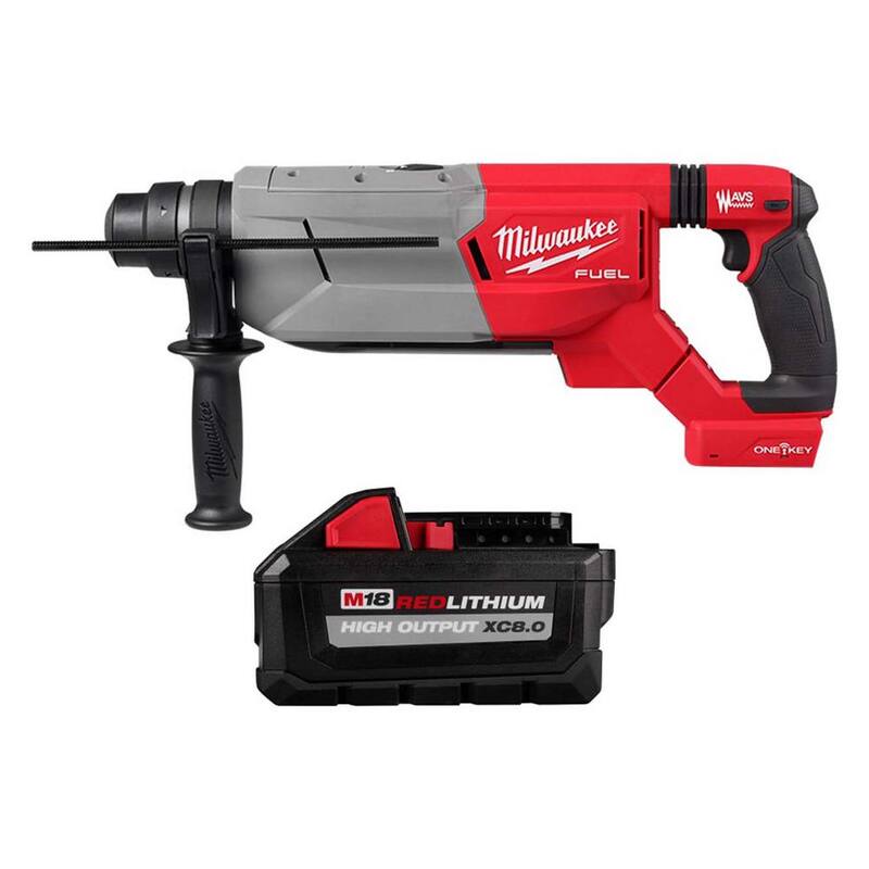 Martillo rotativo SDS-Plus Milwaukee M18 FUEL ONE-KEY de 18V con batería de litio-ion inalámbrica de 1-1/4 pulgadas con mango en forma de D y batería de alta capacidad XC 8.0 Ah - 2916-20-48-11-1880