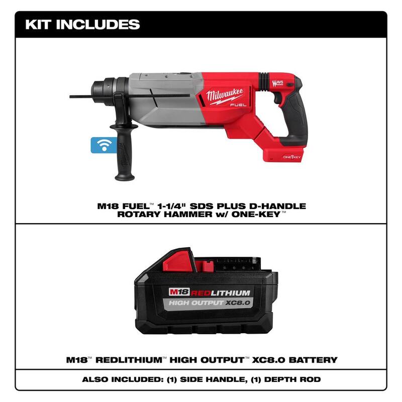 Martillo rotativo SDS-Plus Milwaukee M18 FUEL ONE-KEY de 18V con batería de litio-ion inalámbrica de 1-1/4 pulgadas con mango en forma de D y batería de alta capacidad XC 8.0 Ah - 2916-20-48-11-1880