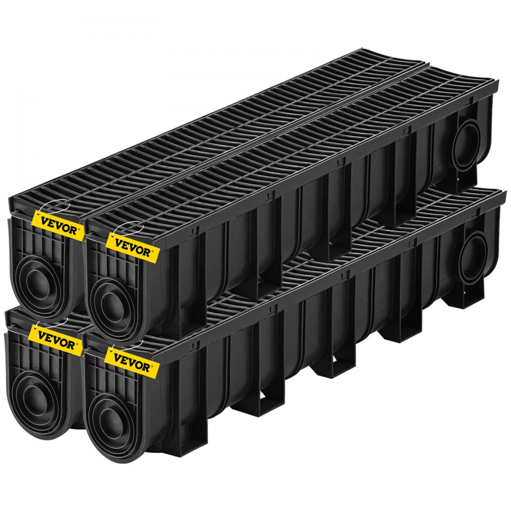 VEVOR Trench Drain System, Channel Drain with Plastic Grate, 5.9x7.5-Inch HDPE Drainage Trench, Black Plastic Garage Floor Drain, 4x39 Trench Drain Grate, with 4 End Caps, for Garden, Driveway-4 Pack - PSLGM1001504FW50NV0