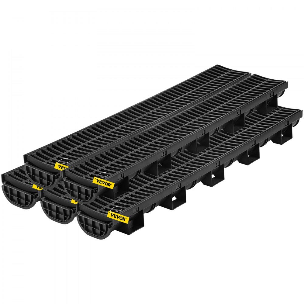 VEVOR Trench Drain System, Channel Drain with Plastic Grate, 5.7x3.1-Inch HDPE Drainage Trench, Black Plastic Garage Floor Drain, 5x39 Trench Drain Grate, with 5 End Caps, for Garden, Driveway-5 Pack - PSLGM100455688EU5V0