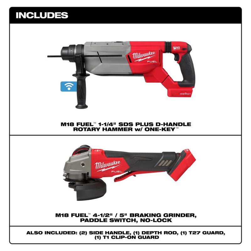 Martillo rotativo Milwaukee M18 FUEL ONE-KEY de 18V con batería de iones de litio de 1-1/4 inalámbrico (herramienta solamente) con esmeriladora de 4-1/2 in./5 in. - 2916-20-2888-20.