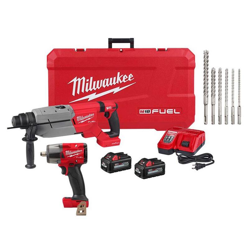 Martillo rotativo Milwaukee M18 FUEL ONE-KEY de 18V con batería de litio de 1-1/4 pulgadas SDS-Plus con (2) baterías de 6.0 Ah y juego de llave de impacto y brocas de 1/2 pulgadas - 2916-22-2962-20-48-20-7499