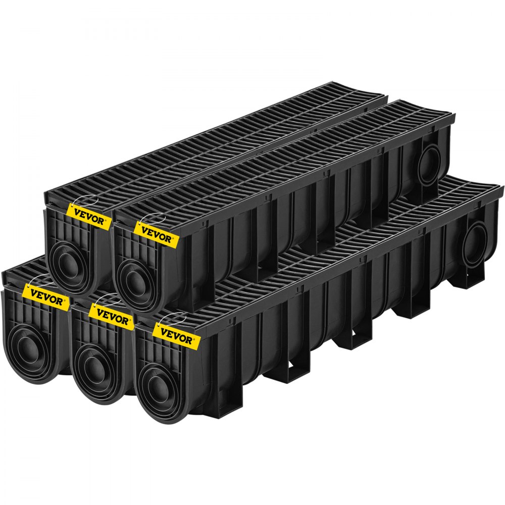 VEVOR Trench Drain System, Channel Drain with Plastic Grate, 5.9x7.5-Inch HDPE Drainage Trench, Black Plastic Garage Floor Drain, 5x39 Trench Drain Grate, with 5 End Caps, for Garden, Driveway-5 Pack - PSLGM10015050F23MV0