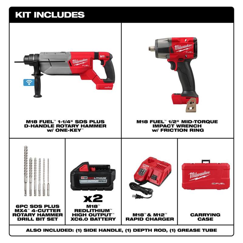 Martillo rotativo Milwaukee M18 FUEL ONE-KEY de 18V con batería de litio de 1-1/4 pulgadas SDS-Plus con (2) baterías de 6.0 Ah y juego de llave de impacto y brocas de 1/2 pulgadas - 2916-22-2962-20-48-20-7499
