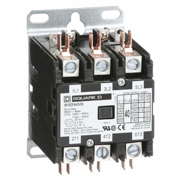 Contactador magnético de propósito definido Square D, 3 polos, 40 A de amperios de carga completa-inductiva, 120V AC, 50/60 Hz - 8910DPA43V02