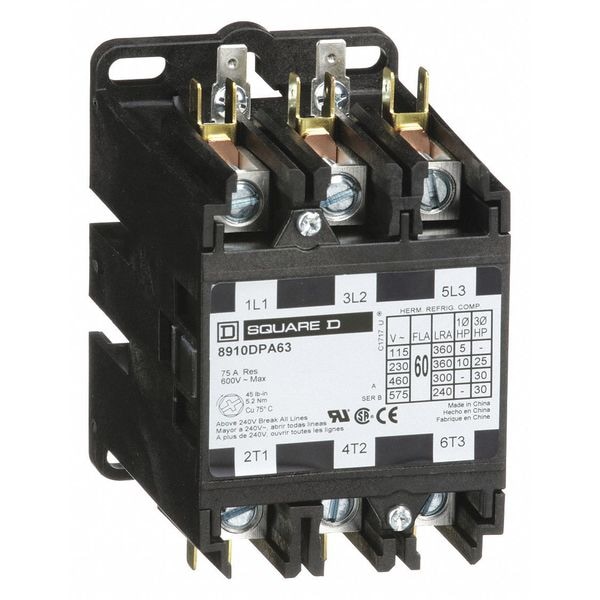 Contacto magnético de propósito definido Square D, 3 polos, 60 A Corriente de carga completa - Inductivo, 120V AC, 50/60 Hz - 8910DPA63V02