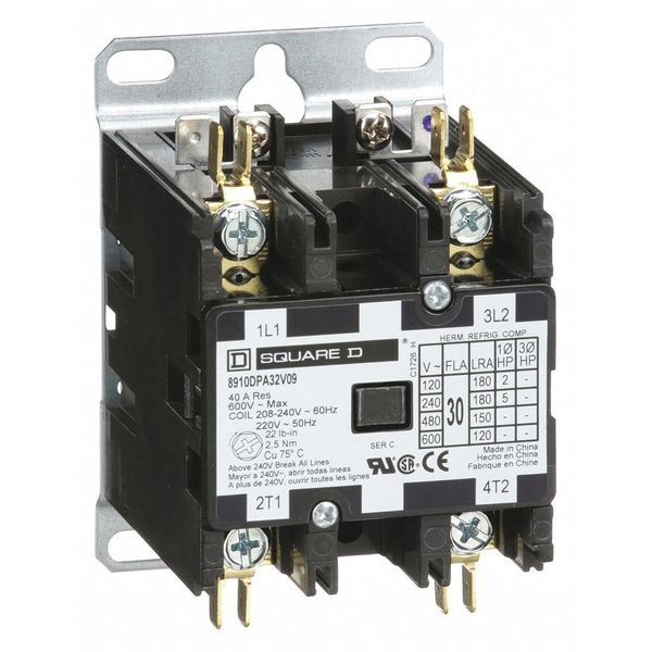 Contactor de propósito definido sin reversión de 208/240VAC Square D, 2 polos 30A, Ancho: 2.5 pulgadas - 8910DPA32V09