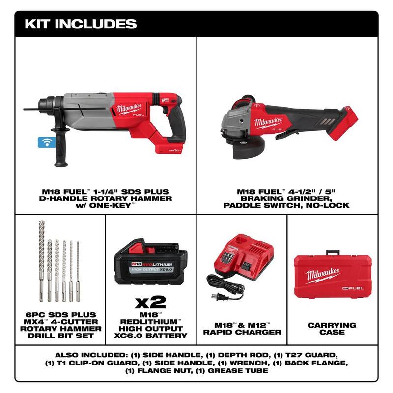 Martillo rotativo inalámbrico Milwaukee M18 FUEL ONE-KEY de 18V con tecnología de iones de litio sin escobillas SDS-Plus de 1-1/4 pulgadas con (2) baterías de 6.0 Ah y juego de brocas - 2916-22-2880-20-48-20-7499.