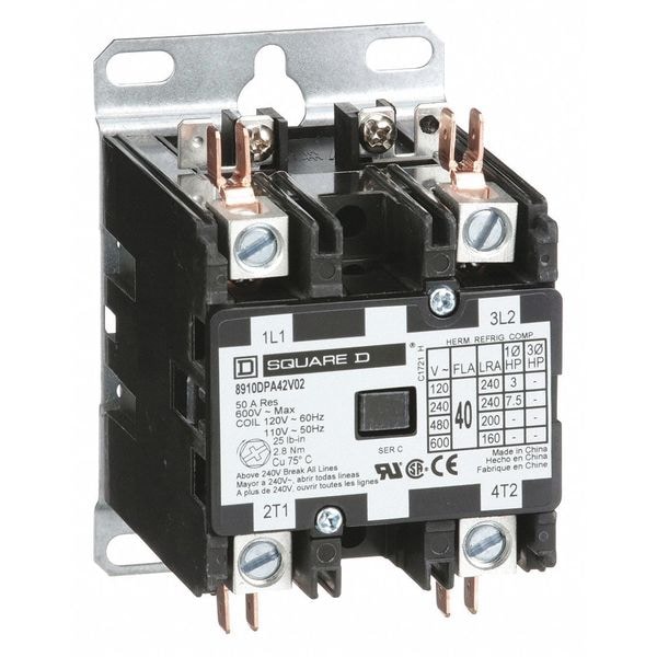 Contactador de Propósito Definido No Reversible Square D 120VCA 2P 40A, Ancho: 2.5 pulgadas - 8910DPA42V02