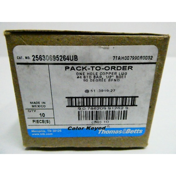 Caja de 10 conectores de cobre de un solo agujero de 4STD 1/2IN 90DEG, 10PK - 25630695264UB