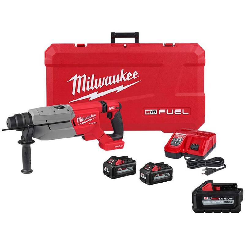 Kit de martillo rotativo inalámbrico Milwaukee M18 FUEL ONE-KEY de 18V con motor sin escobillas de iones de litio de 1-1/4 pulgadas SDS-Plus con mango en D, que incluye 3 baterías de iones de litio de 6.0 Ah - 2916-22-48-11-1865