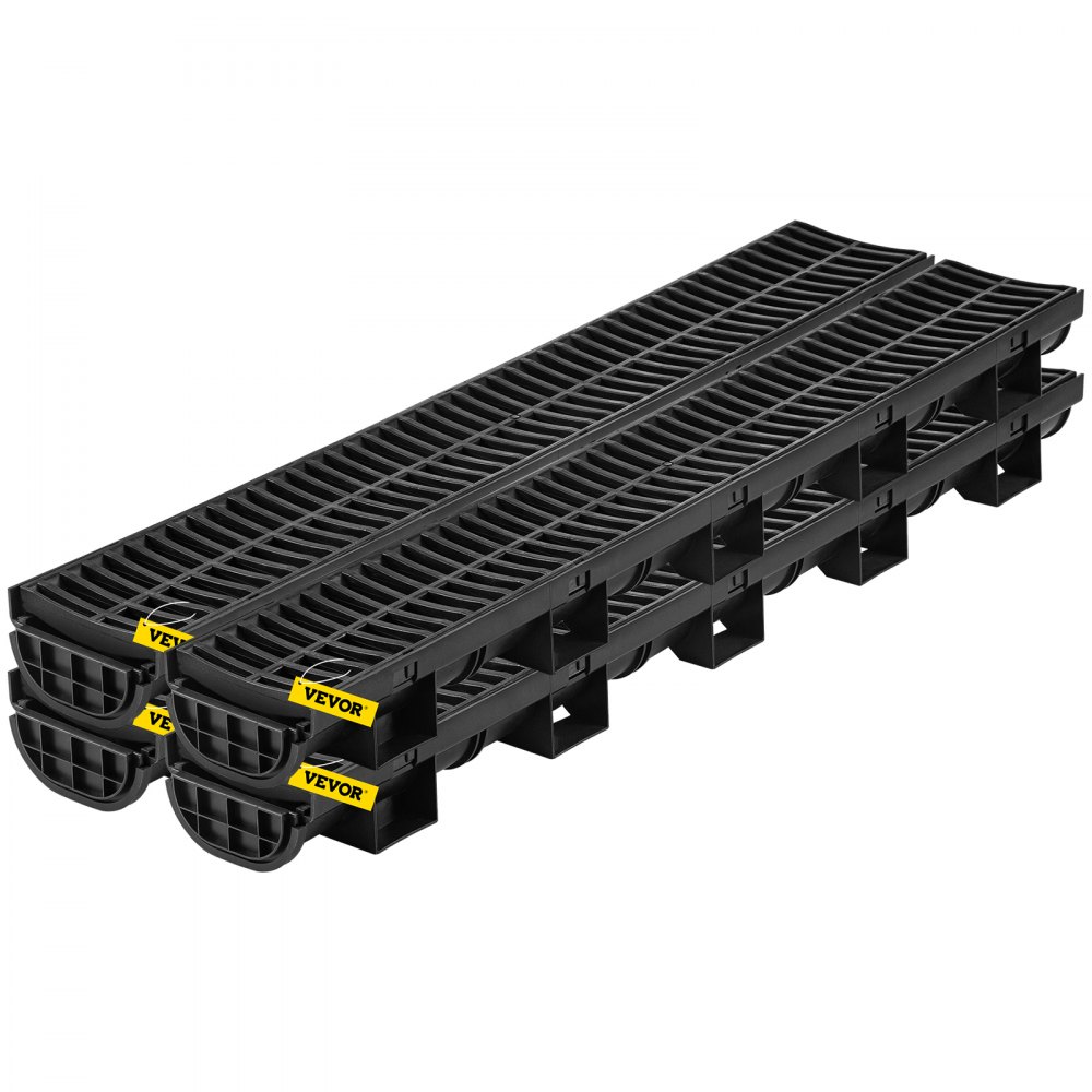 VEVOR Trench Drain System, Channel Drain with Plastic Grate, 5.7x3.1-Inch HDPE Drainage Trench, Black Plastic Garage Floor Drain, 4x39 Trench Drain Grate, with 4 End Caps, for Garden, Driveway-4 Pack - PSLGM100454IURGNXV0