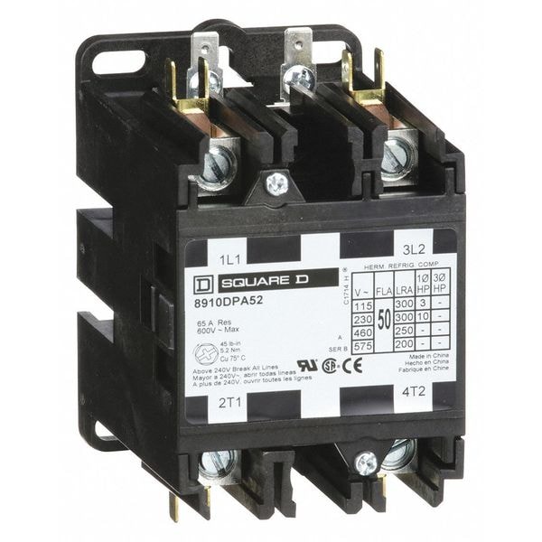 Contacto de propósito definido no reversible de 120VCA de Square D, 2 polos, 50A - 8910DPA52V02.