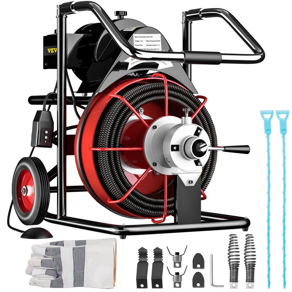 VEVOR 100FT x 3/8Inch Drain Cleaner Machine Auto Feed fit 1"(25mm) to 4"(100mm) Pipes 370W Open Drain Cleaning Machine Portable Electric Drain Auger with Cutters Glove Sewer Snake - GDSTJ100FTX3-8001V1