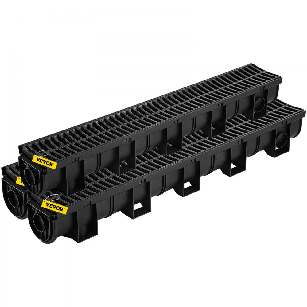 VEVOR Trench Drain System,5.8x5.2x39.4-Inch HDPE Drainage Trench,Channel Drain with Plastic Grate,Black Plastic Garage Floor Drain,3x39 Trench Drain Grate,with 3 End Caps, for Garden, Driveway-3 Pack - PSLGM10010039V7B1V0