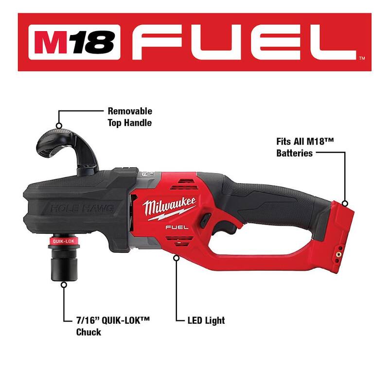 Milwaukee M18 FUEL 18V Litio-Ion Brushless Taladro de Ángulo Recto Inalámbrico Hole Hawg 7/16 in. con Quick-Lok (Solo Herramienta) - 2808-20