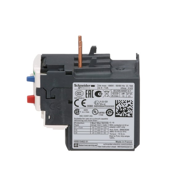 Schneider Electric Ovrload Rely, 9 a 13A, 3P, Clase 10, 690VAC - LRD16