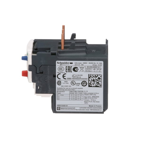 Relevador de Sobrecarga Schneider Electric, 5.50 a 8A, 3P, Clase 10, 690V - LRD12