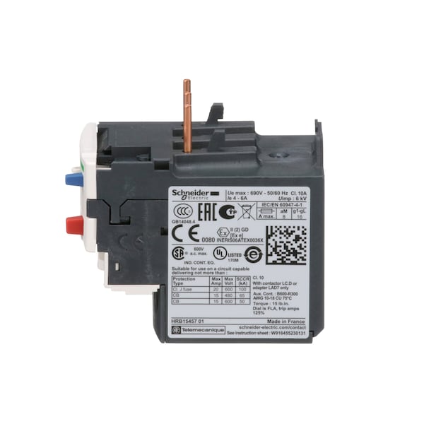 Relevador de sobrecarga Schneider Electric, 4 a 6A, 3P, Clase 10, 690VCA - LRD10