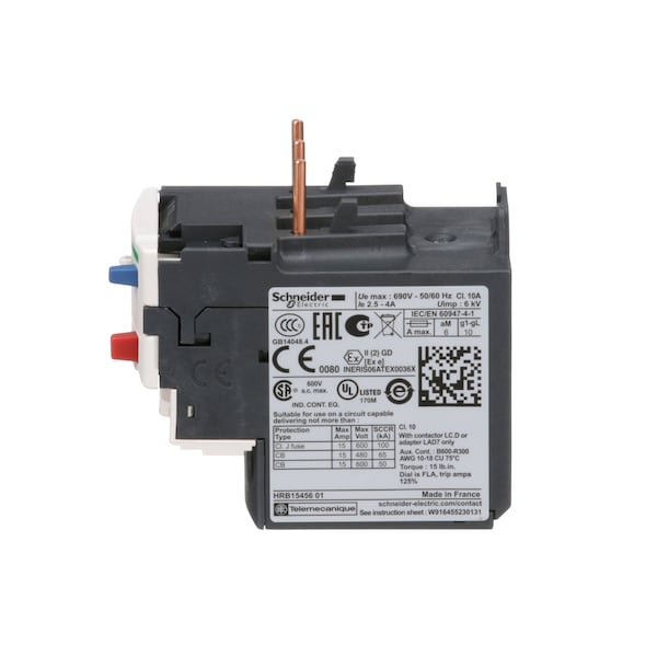 Relevador de sobrecarga Schneider Electric, 2.50 a 4A, 3P, Clase 10, 690V - LRD08