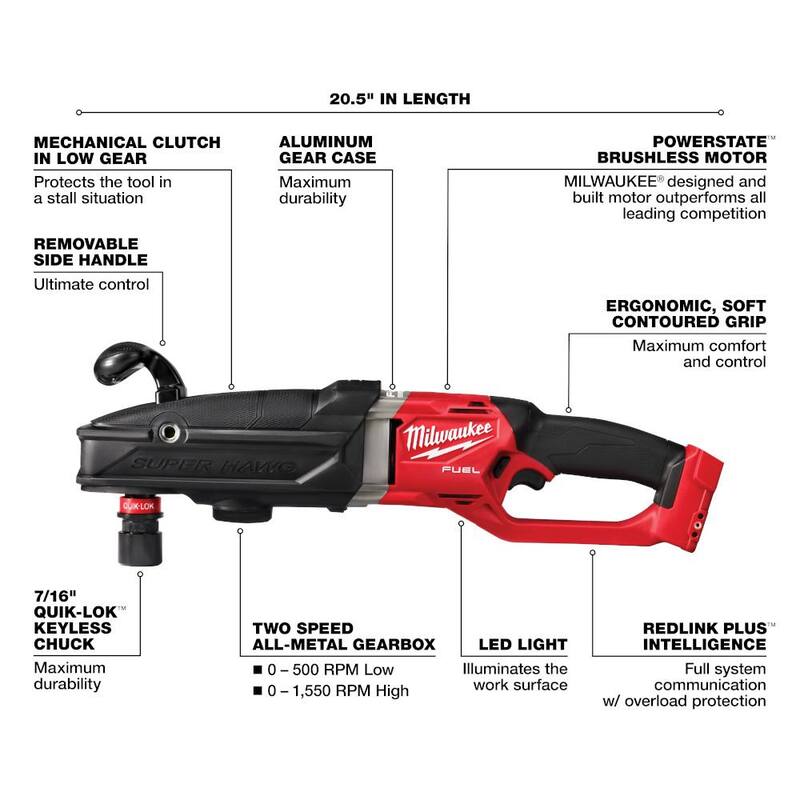 Milwaukee M18 FUEL 18V Taladro Angular Recto Inalámbrico sin Escobillas de Iones de Litio GEN 2 SUPER HAWG 7/16 pulgadas (Herramienta Únicamente) - 2811-20