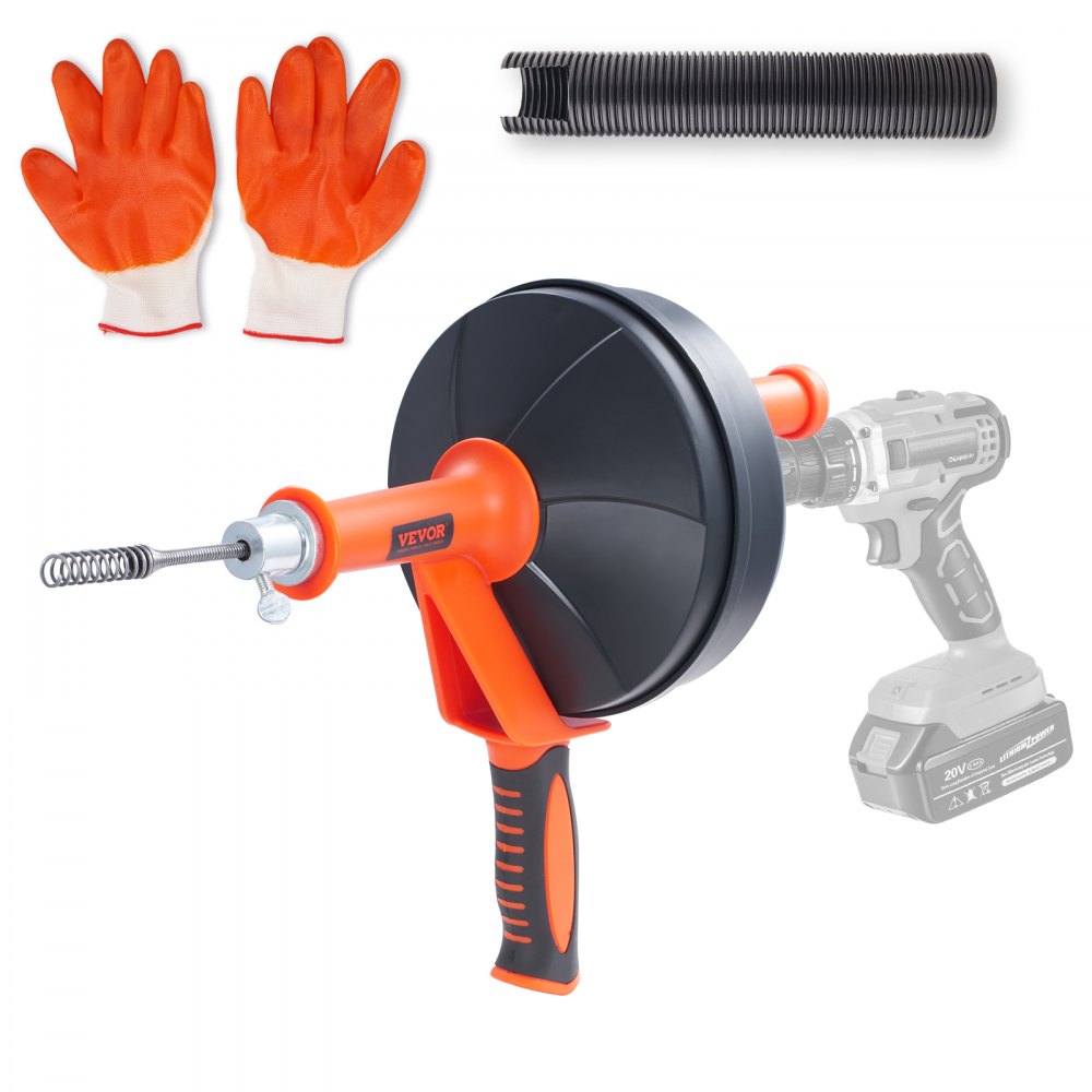 VEVOR Drain Auger 25Ft, Plumbing Snake with Drill Attachment, Plumbers Snake Drain Clog Remover for Kitchen Bathroom Shower Sink with Protective Hose and Gloves - JXKSC25FT14INJ1BPV0