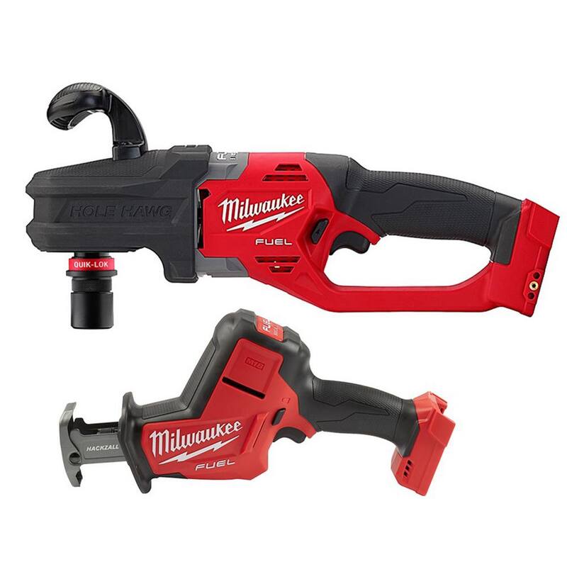 Milwaukee M18 FUEL 18V Lithium-Ion Brushless Cordless Hole Hawg 7/16 in. Taladro angular derecho inalámbrico con Quick-Lok con M18 FUEL Hackzall - 2808-20-2719-20