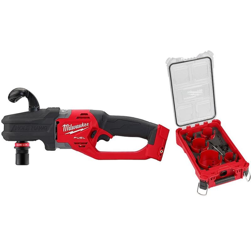 Milwaukee M18 FUEL 18V Lithium-Ion Brushless Cordless Hole Hawg 7/16 pulgadas Taladro de ángulo recto con Quick-Lok y juego de sierras de corona PACKOUT de 9 piezas - 2808-20-49-56-9295.