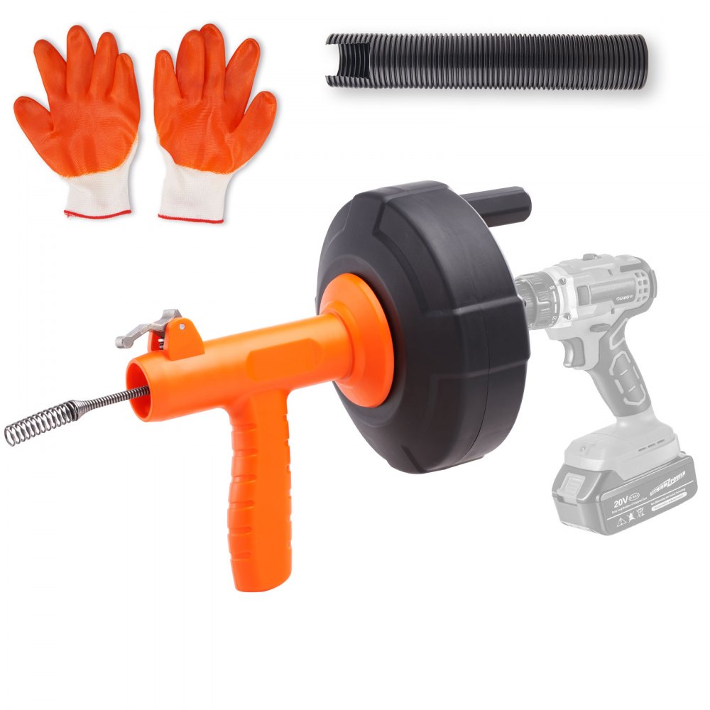 VEVOR Drain Auger 25Ft, Plumbing Snake Auto Feed, Plumbers Snake with Drill Attachment, Pipe Snake Drain Clog Remover for Kitchen Bathroom Shower Sink with Protective Hose and Gloves - JXKSC25FT14IN9TZMV0