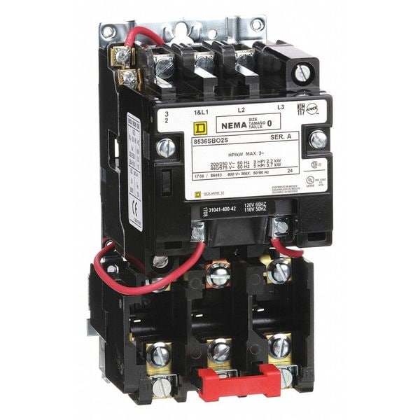 Arrancador magnético de motor no reversor Square D, sin envolvente, clasificación NEMA, 120V AC, 3 polos - 8536SBO2V02S