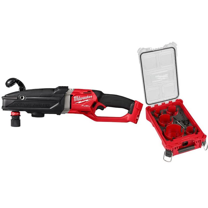 Milwaukee M18 FUEL 18-Volt Lithium-Ion Brushless Cordless GEN 2 SUPER HAWG Taladro de ángulo recto de 7/16 pulgadas con juego de sierra perforadora PACKOUT de 9 piezas - 2811-20-49-56-9295.