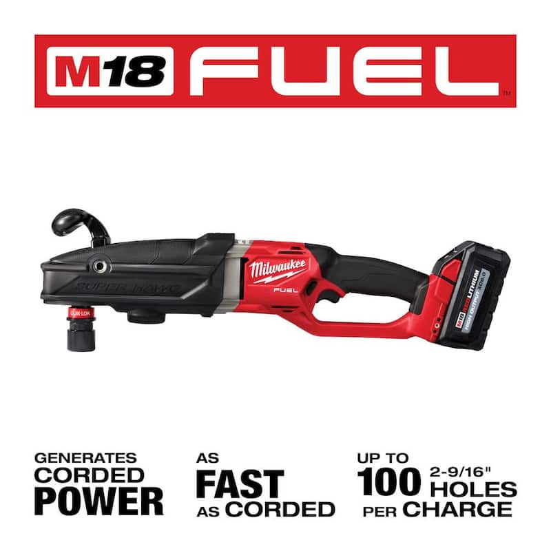 Milwaukee M18 FUEL 18V Taladro de ángulo recto inalámbrico Brushless Lithium-Ion GEN 2 SUPER HAWG de 7/16 pulgadas con batería de 6.0 ah - 2811-20-48-11-1865