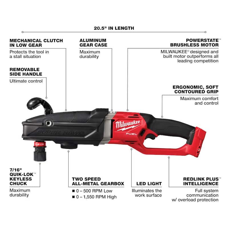 Milwaukee M18 FUEL 18V Taladro de ángulo recto inalámbrico Brushless Lithium-Ion GEN 2 SUPER HAWG de 7/16 pulgadas con batería de 6.0 ah - 2811-20-48-11-1865
