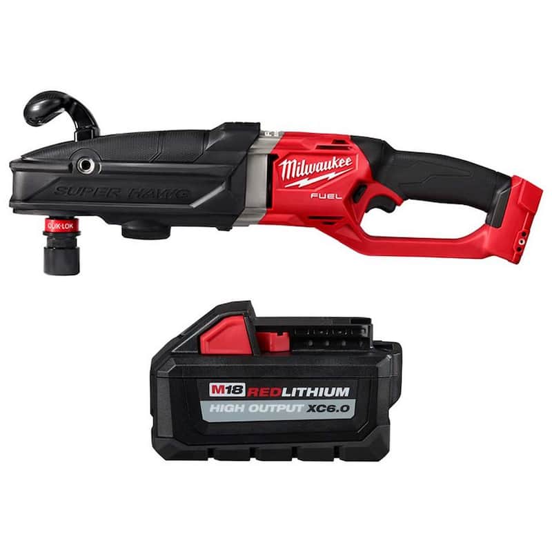 Milwaukee M18 FUEL 18V Taladro de ángulo recto inalámbrico Brushless Lithium-Ion GEN 2 SUPER HAWG de 7/16 pulgadas con batería de 6.0 ah - 2811-20-48-11-1865