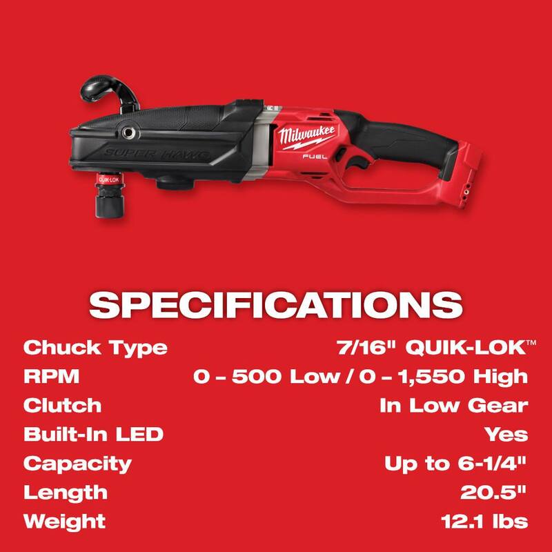 Milwaukee M18 FUEL 18V Taladro de ángulo recto inalámbrico Brushless Lithium-Ion GEN 2 SUPER HAWG de 7/16 pulgadas con batería de 6.0 ah - 2811-20-48-11-1865