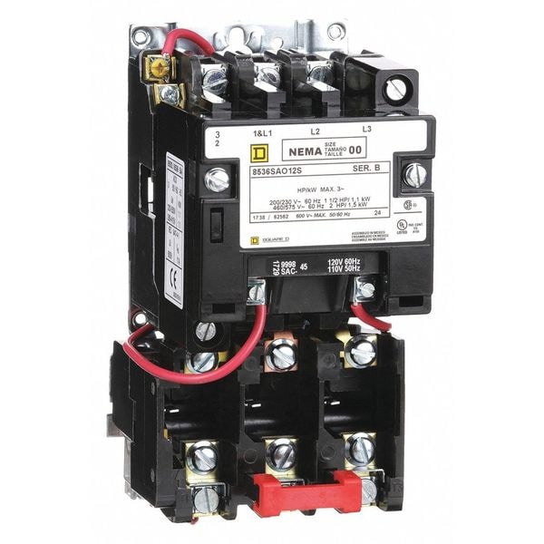 Arrancador magnético para motor sin reversión Square D, sin recinto, clasificación NEMA, 120V CA, 3 polos - 8536SAO12V02S