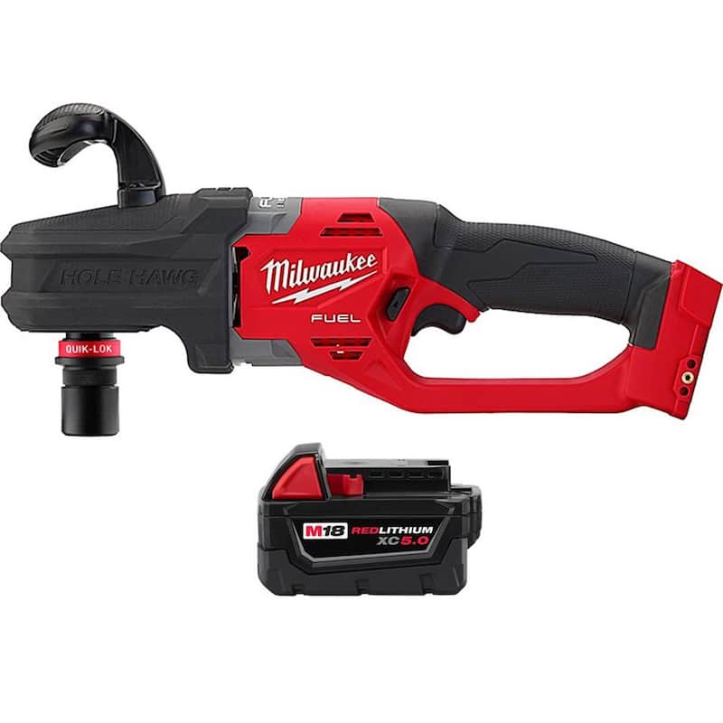 Milwaukee M18 FUEL 18-Volt Lithium-Ion Brushless Hole Hawg inalámbrico de ángulo recto de 7/16 pulgadas con Quick-Lok, batería XC 5.0 Ah - 2808-20-48-11-1850