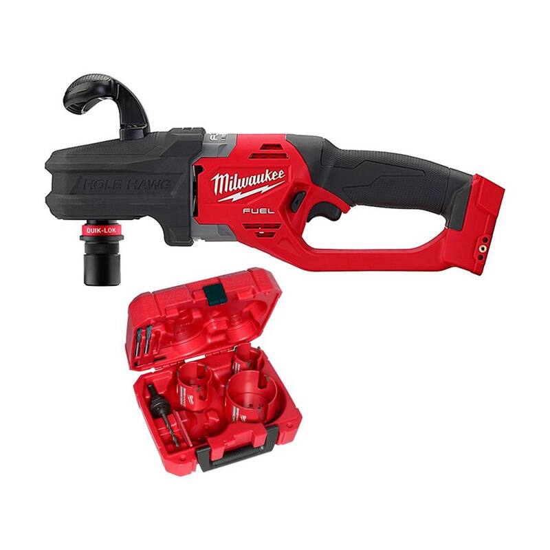 Milwaukee M18 FUEL 18V Li-Ion sin escobillas inalámbrico Hole Hawg taladro de ángulo recto de 7/16 pulgadas con Quick-Lok con juego de sierra de agujero de carburo (7 piezas) - 2808-20-49-56-9280.