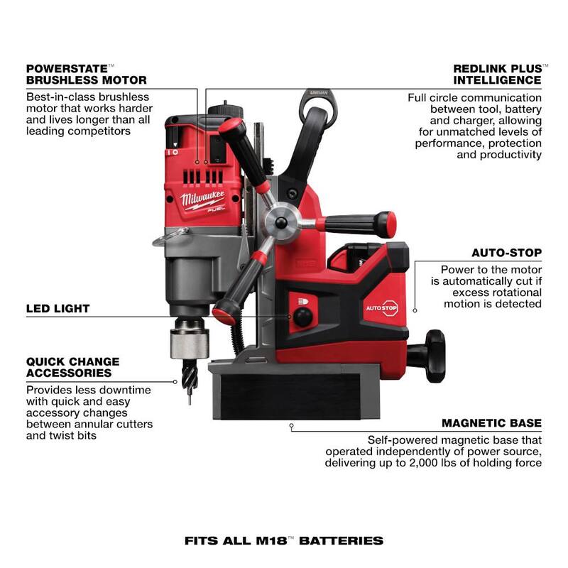 Milwaukee M18 FUEL 18V Taladro magnético inalámbrico 1-1/2 pulgadas Lineman de iones de litio sin escobillas Kit de alta demanda con dos baterías de 8.0Ah - 2788-22HD