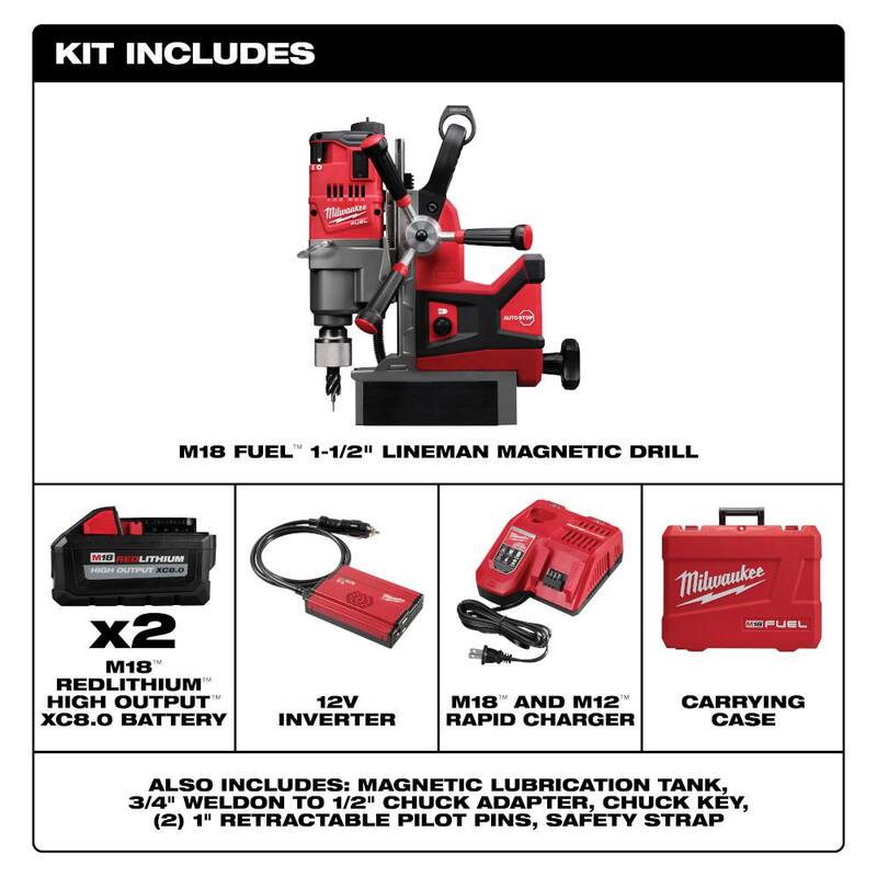Milwaukee M18 FUEL 18V Taladro magnético inalámbrico 1-1/2 pulgadas Lineman de iones de litio sin escobillas Kit de alta demanda con dos baterías de 8.0Ah - 2788-22HD