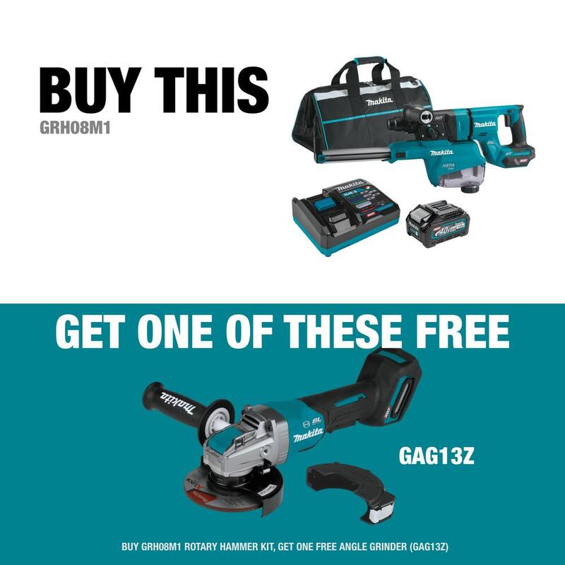 Kit de martillo rotativo sin escobillas Makita 40V max XGT de 1-3/16 pulgadas, AFT (4.0Ah) con la bonificación de amoladora angular XGT sin escobillas de 5 pulgadas X-LOCK - GRH08M1-GAG13Z.