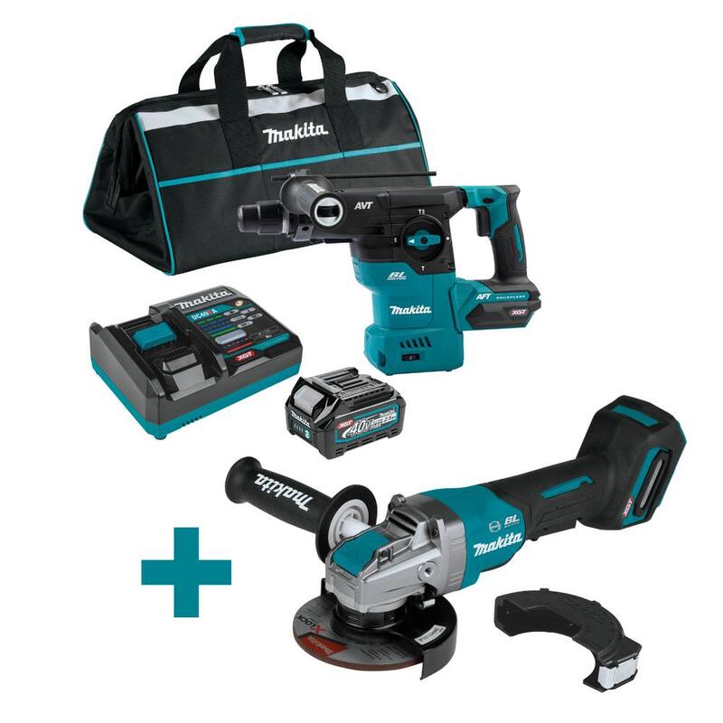 Kit de martillo rotativo sin escobillas Makita 40V max XGT de 1-3/16 pulgadas, AFT (4.0Ah) con la bonificación de amoladora angular XGT sin escobillas de 5 pulgadas X-LOCK - GRH08M1-GAG13Z.