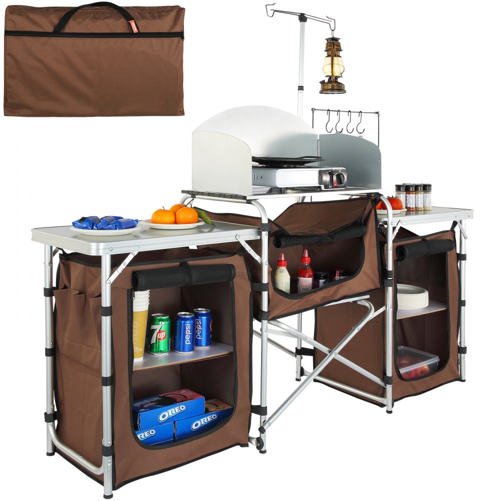 VEVOR Camping Kitchen Table, Folding Outdoor Cooking Table with Storage Carrying Bag, Aluminum Cook Station 3 Cupboard & Detachable Windscreen, Quick Set-up for Picnics, BBQ, RV Traveling, Brown - DFBKYDCFHSBZD00R7V0