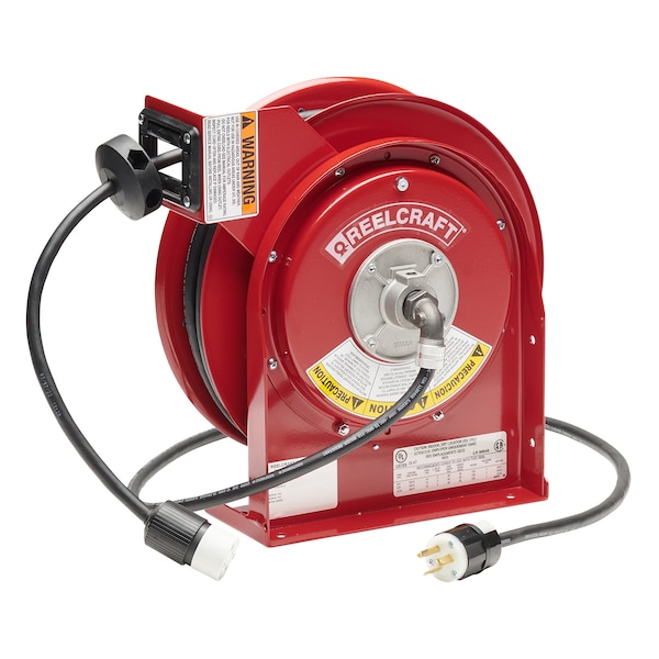 Carrete de cable Reelcraft, retráctil por resorte, NEMA 5-20R, calibre 12 AWG, color del carrete rojo, longitud de 45 pies, 1 toma - L 4545 123 3A