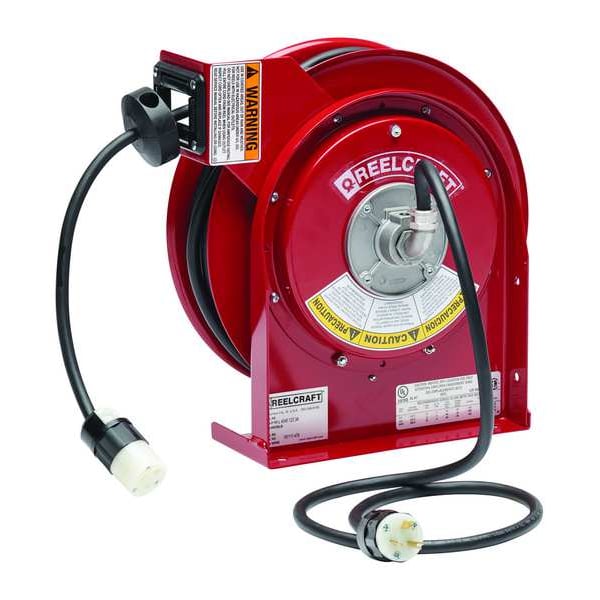 Carrete de cable Reelcraft, retráctil por resorte, NEMA 5-20R, calibre 12 AWG, color del carrete rojo, longitud de 45 pies, 1 toma - L 4545 123 3A